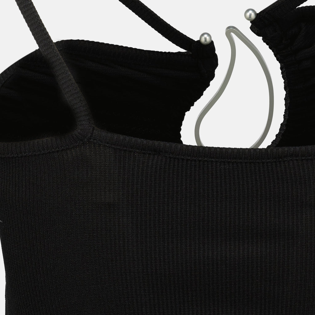 black paisley top, Christopher Esber, asymmetrical straps, natural stone pendant, slim fit