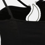 black paisley top, Christopher Esber, asymmetrical straps, natural stone pendant, slim fit