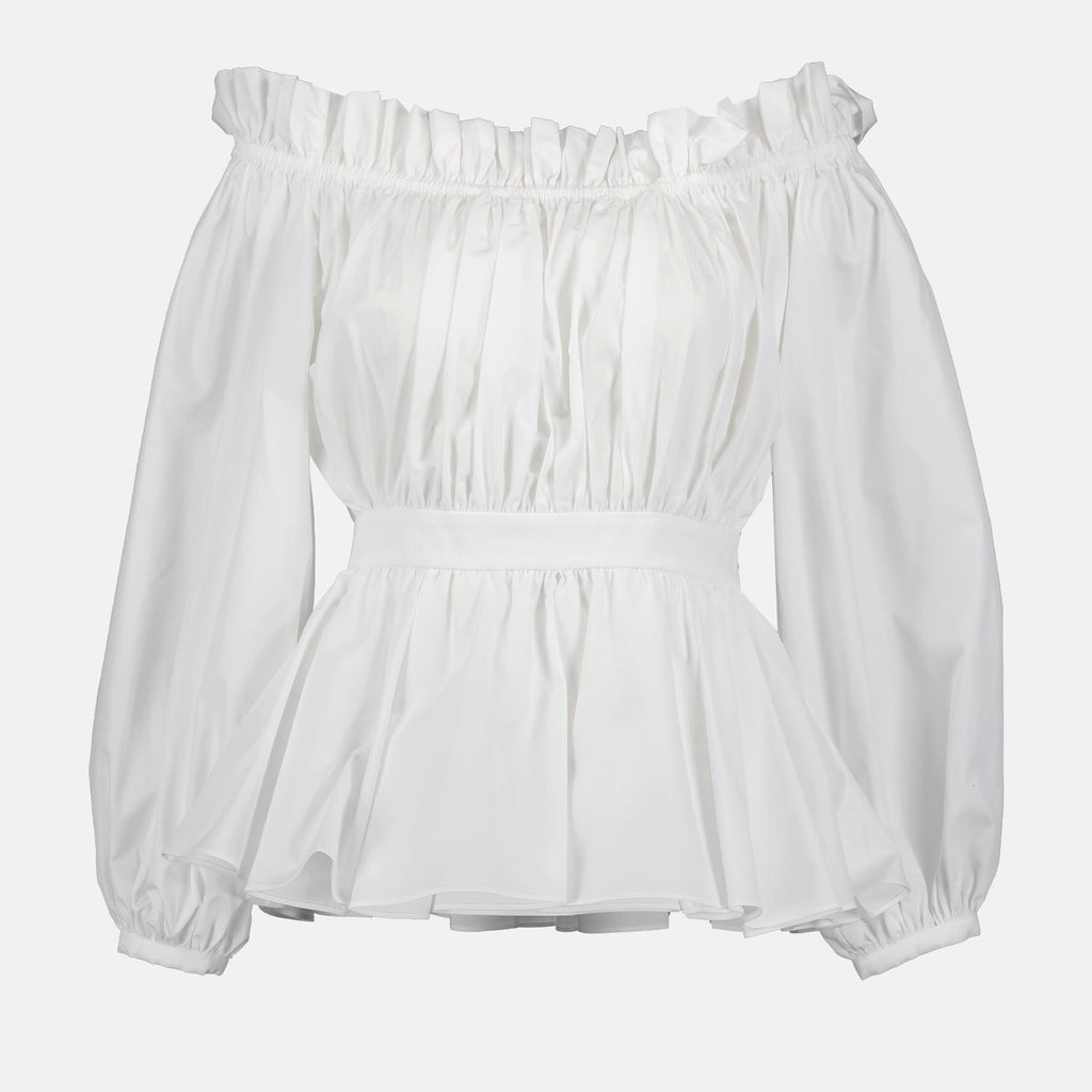Bardot Collar, Alexander McQueen, Women's Luxury Blouse, Off-Shoulder Blouse, White Blouse