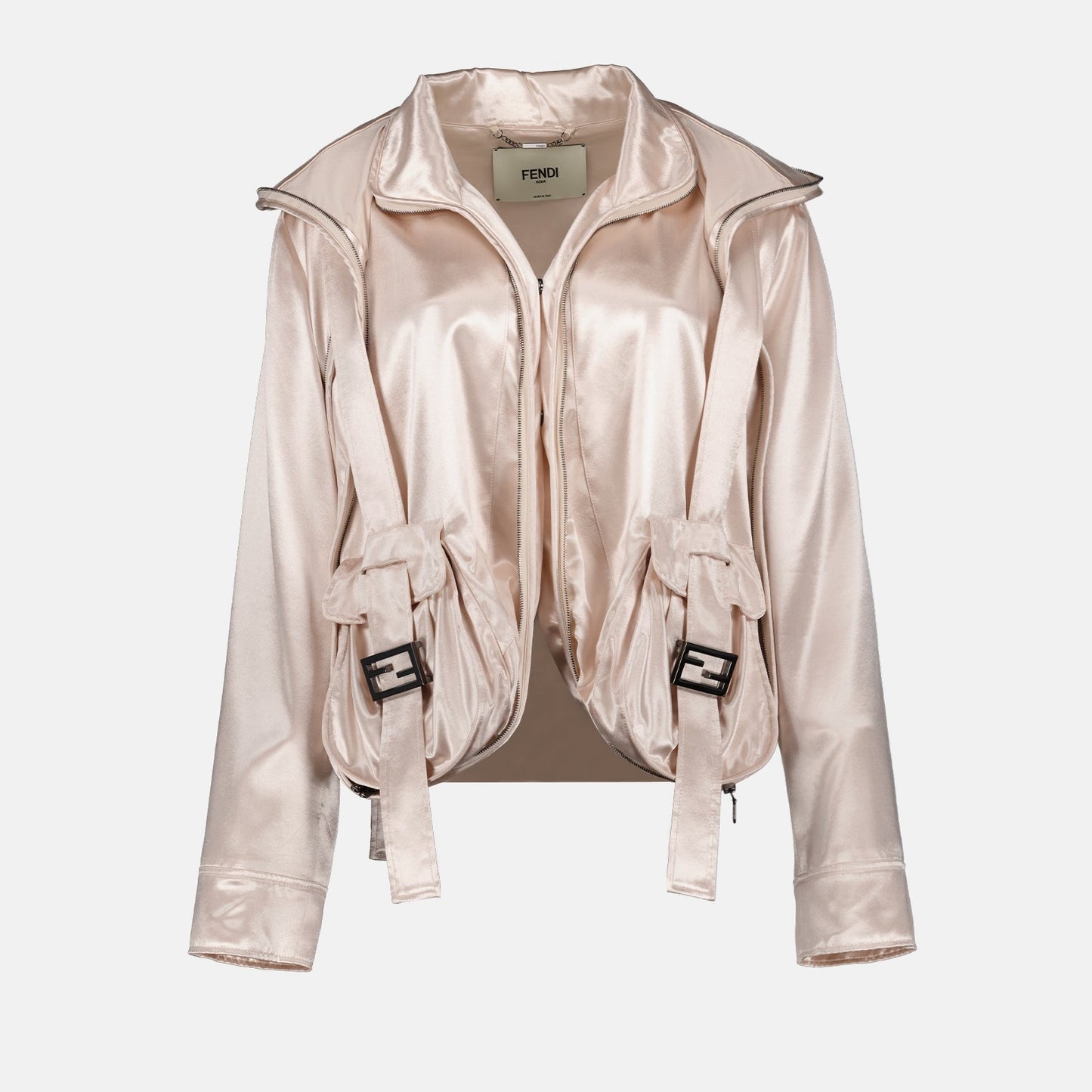 1. Fendi satin jacket
2. Beige blouson
3. Luxury women’s outerwear
4. High-end fashion
5. Designer satin jacket