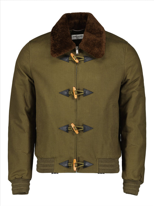 Saint Laurent, shearling collar, bomber jacket, luxury menswear, green jacket