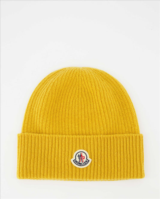 Yellow beanie, Moncler, high-quality wool, luxury accessory, winter trend