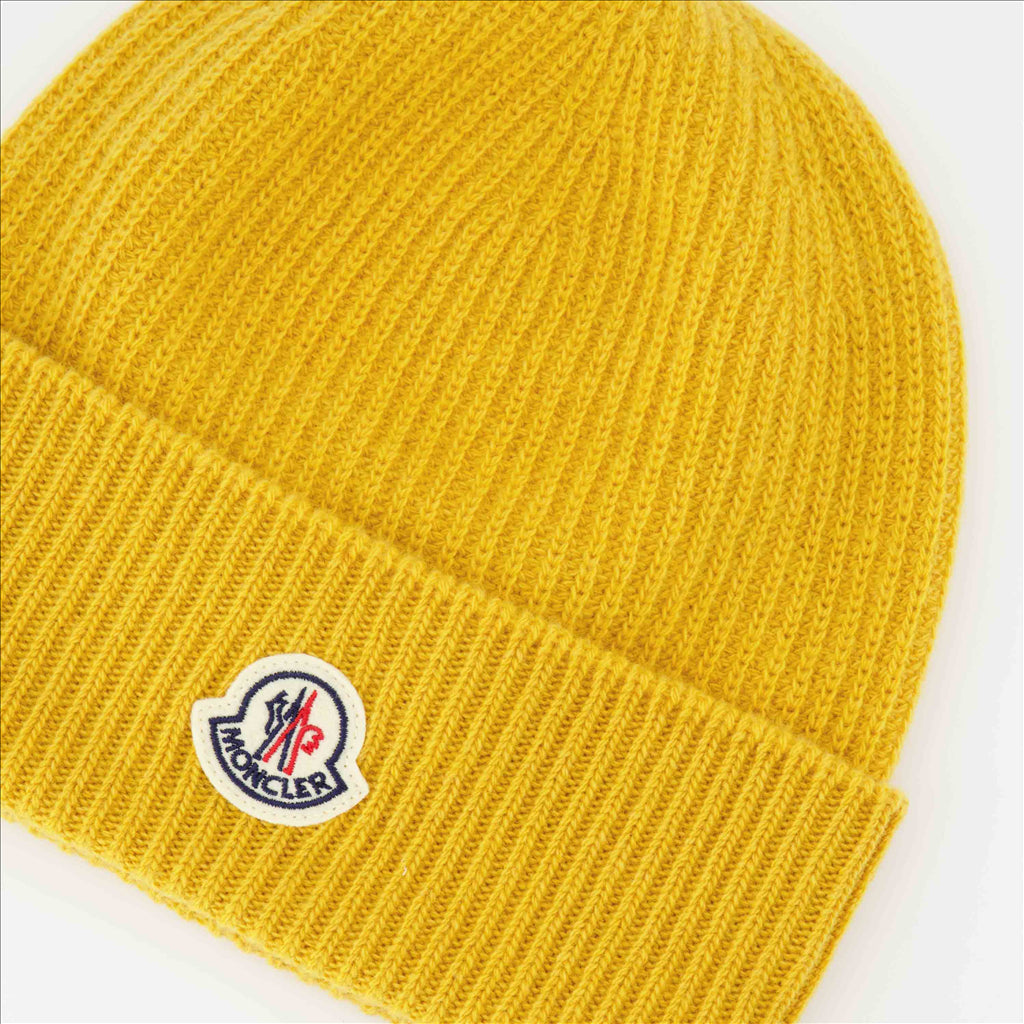 Yellow beanie, Moncler, high-quality wool, luxury accessory, winter trend