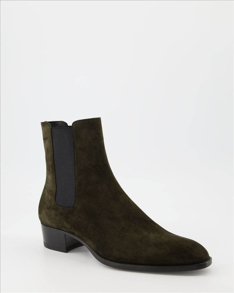 Chelsea boots, brown suede, Saint Laurent, luxury men's, elegant footwear