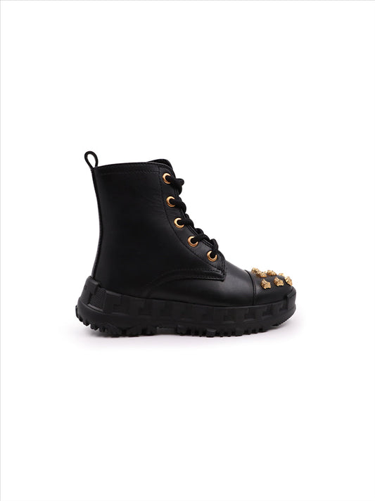 Versace kids boots, Medusa Stud, luxury children's footwear, black ankle boots, designer kids shoes