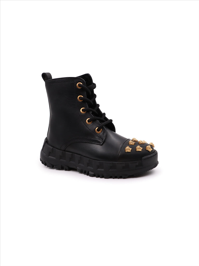 Versace kids boots, Medusa Stud, luxury children's footwear, black ankle boots, designer kids shoes