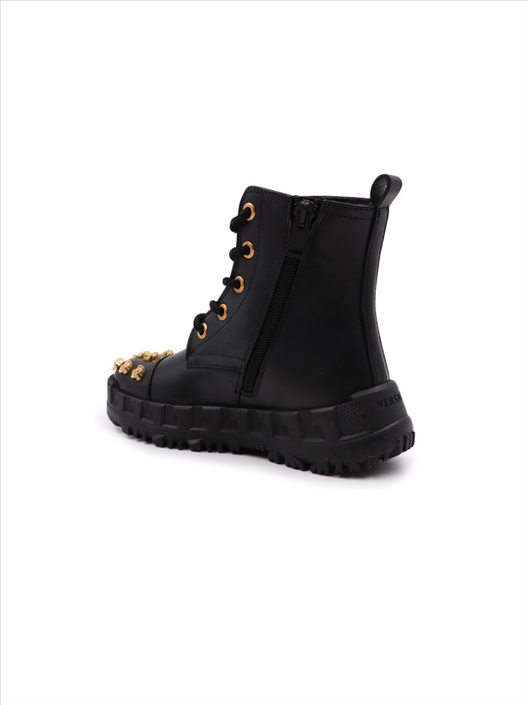 Versace kids boots, Medusa Stud, luxury children's footwear, black ankle boots, designer kids shoes