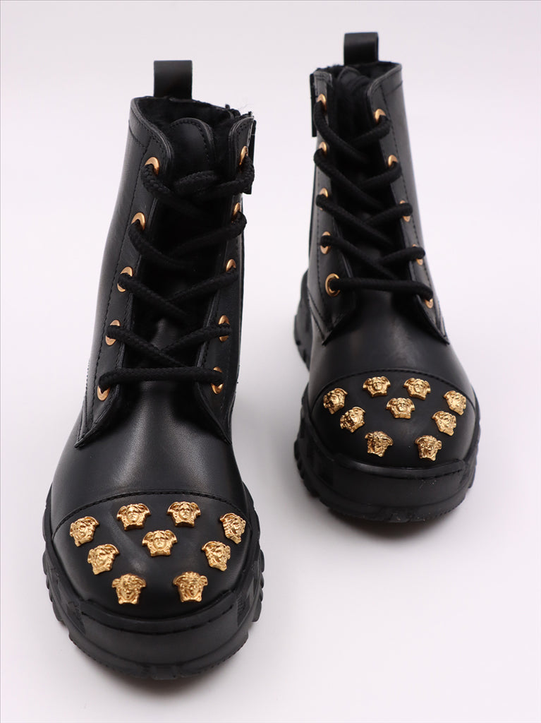 Versace kids boots, Medusa Stud, luxury children's footwear, black ankle boots, designer kids shoes