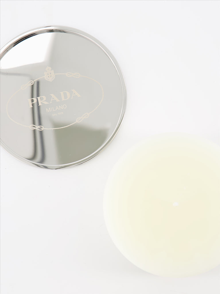 Prada candle, Beige Logo Candle, luxury candle, designer home decor, Prada accessories