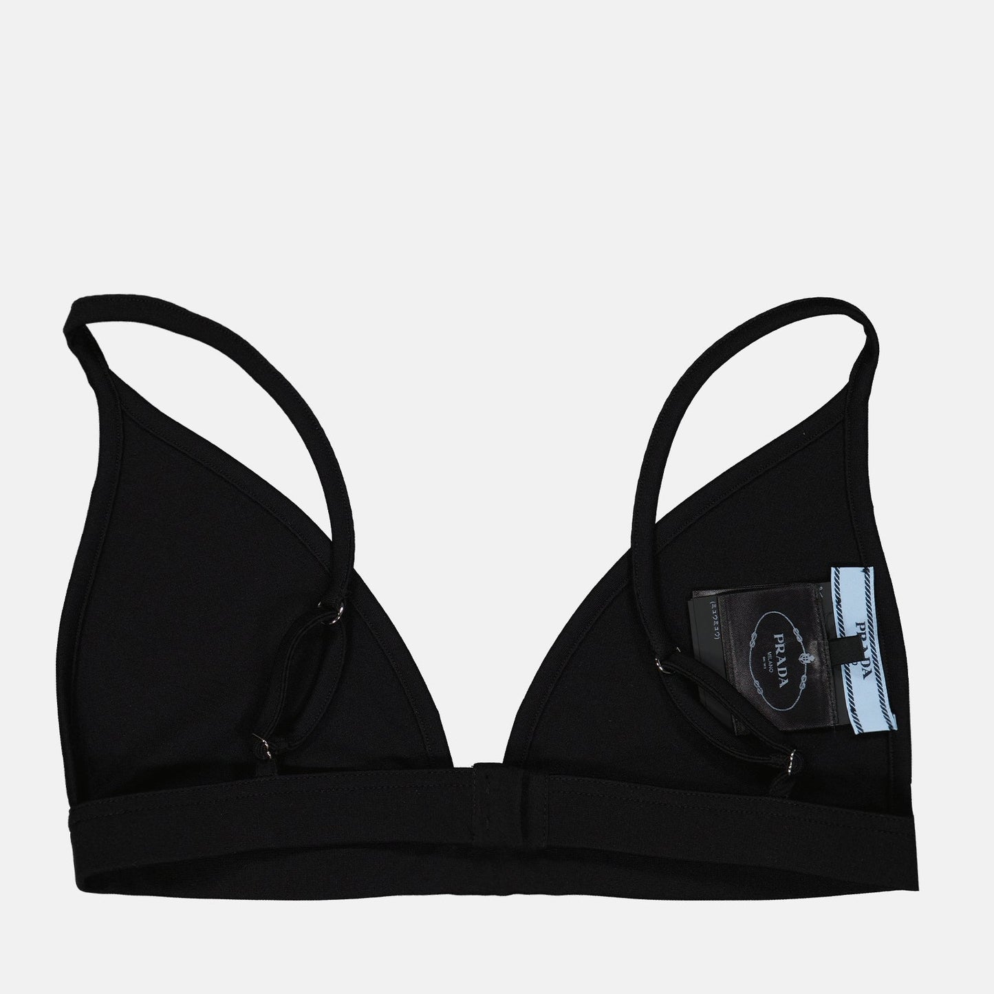 Prada, luxury lingerie, black brassière, triangle logo, women's undergarments