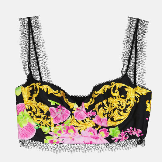 Versace bustier, silk bustier, luxury women's clothing, Medusa motif, orchid design