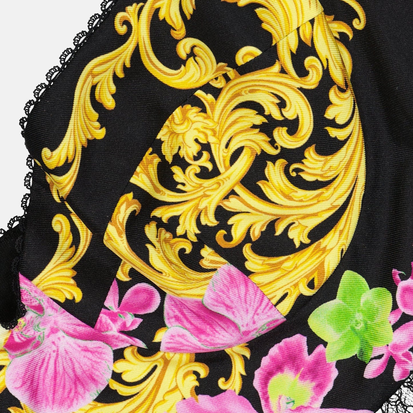 Versace bustier, silk bustier, luxury women's clothing, Medusa motif, orchid design