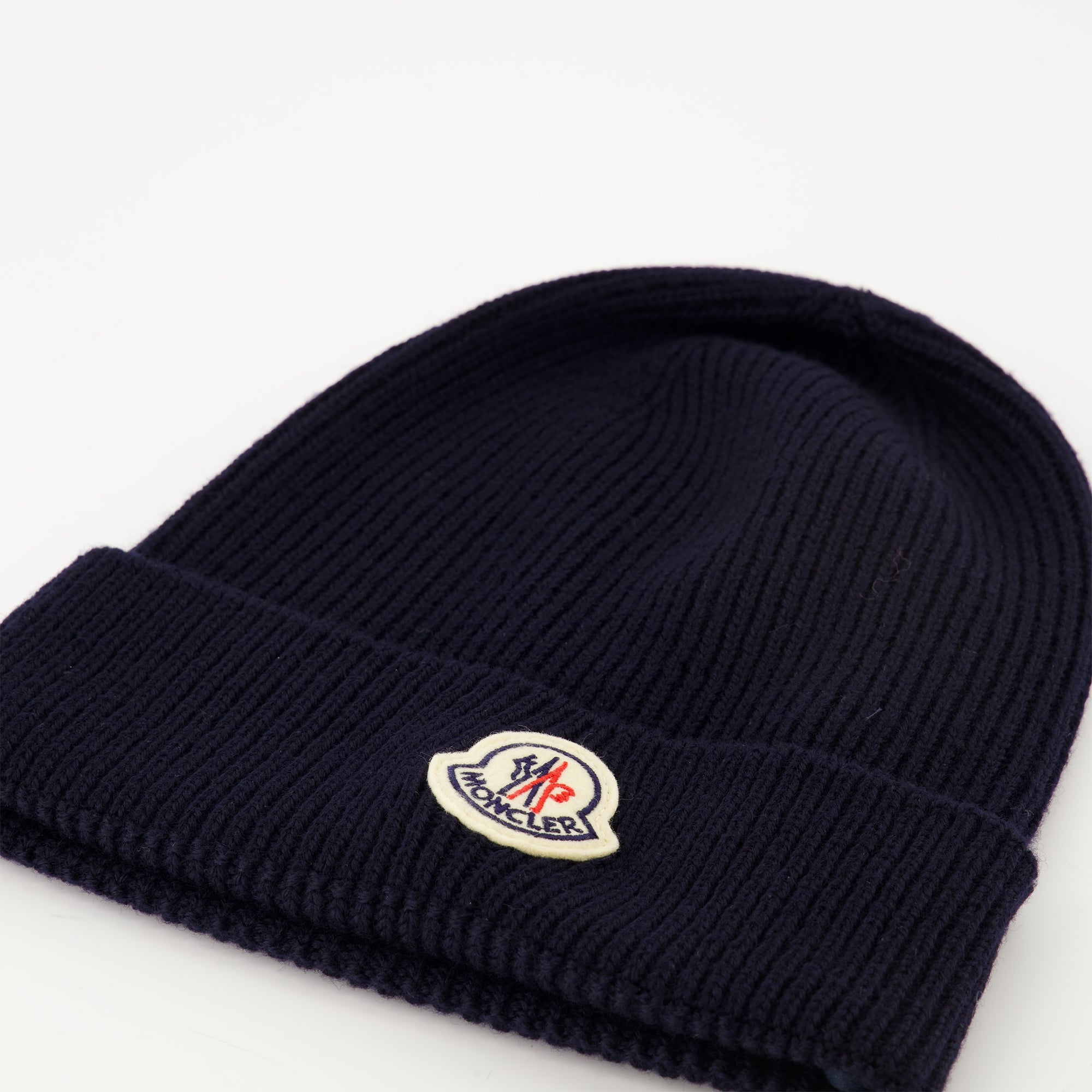 Moncler beanie, navy wool hat, pull-on beanie, winter accessories, felt logo beanie