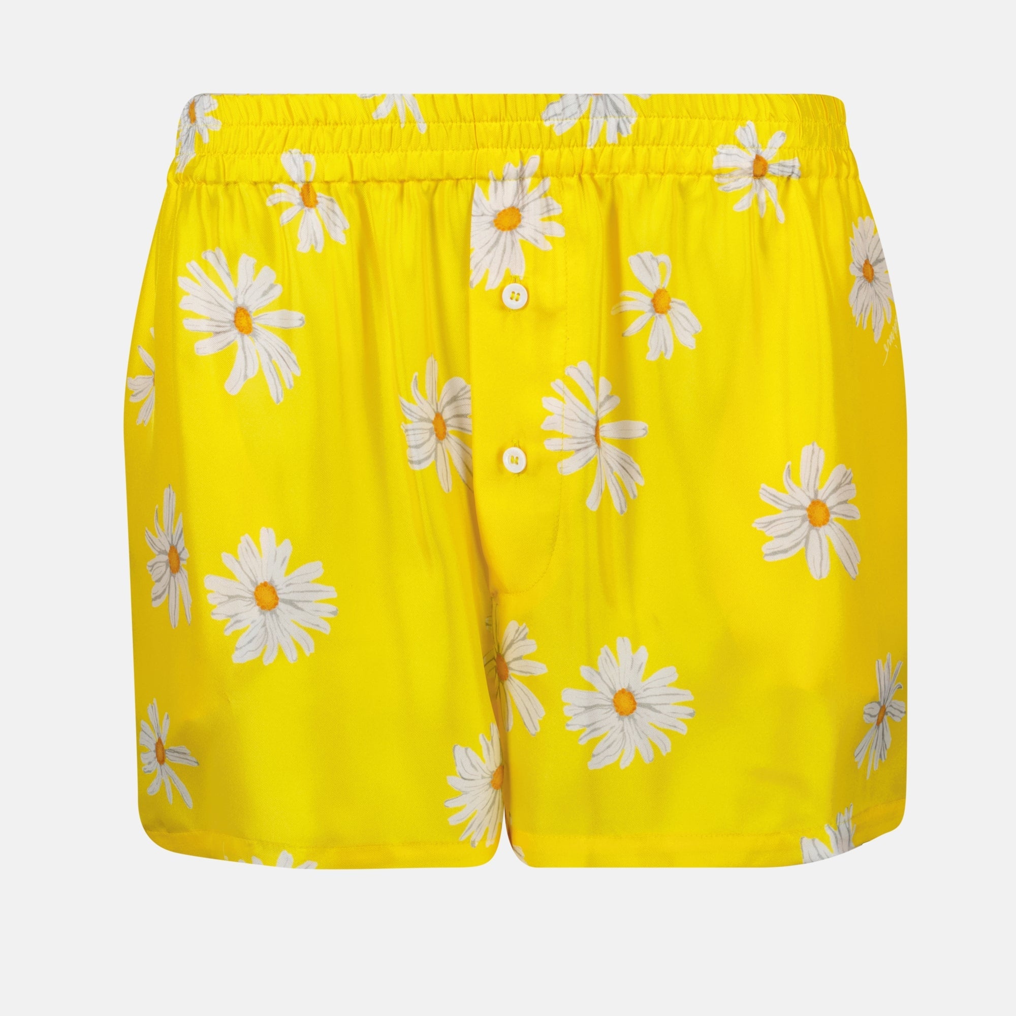 silk shorts, Moschino shorts, daisy print shorts, yellow shorts, summer fashion