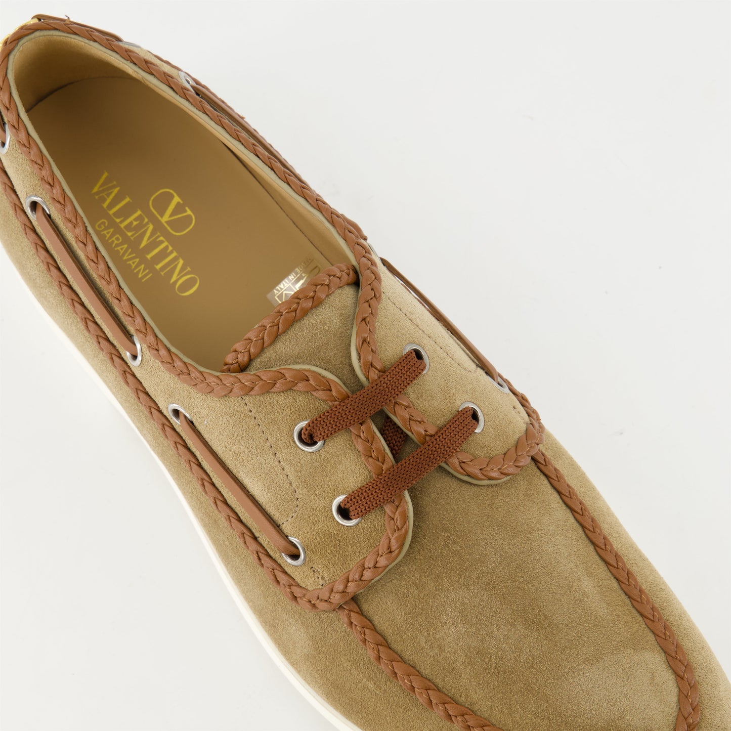 Brown boat shoes, suede shoes, lace-up footwear, designer shoes, Valentino Garavani