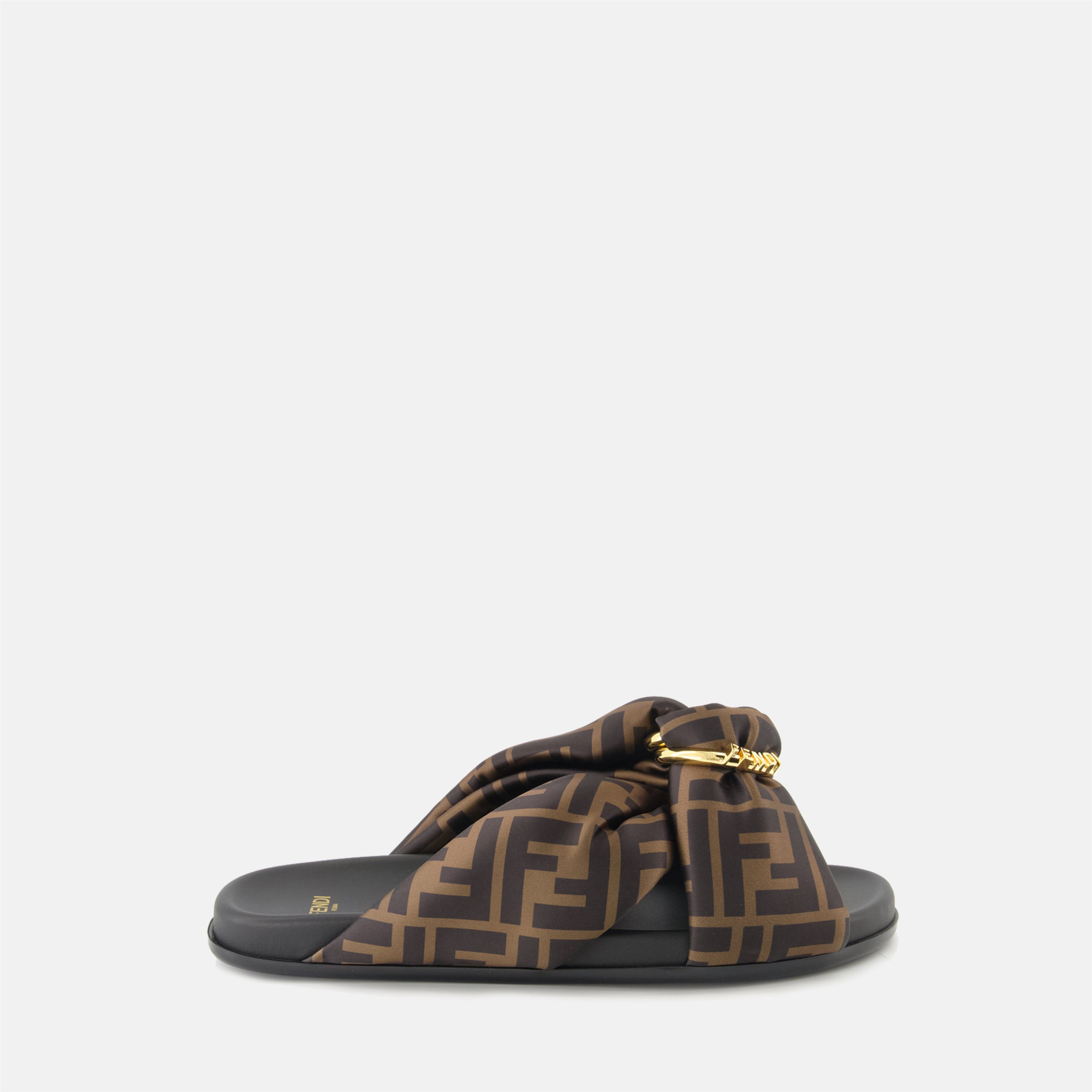 Fendi sandals, brown slip-on sandals, satin sandals, high-end footwear, D-buckle sandals