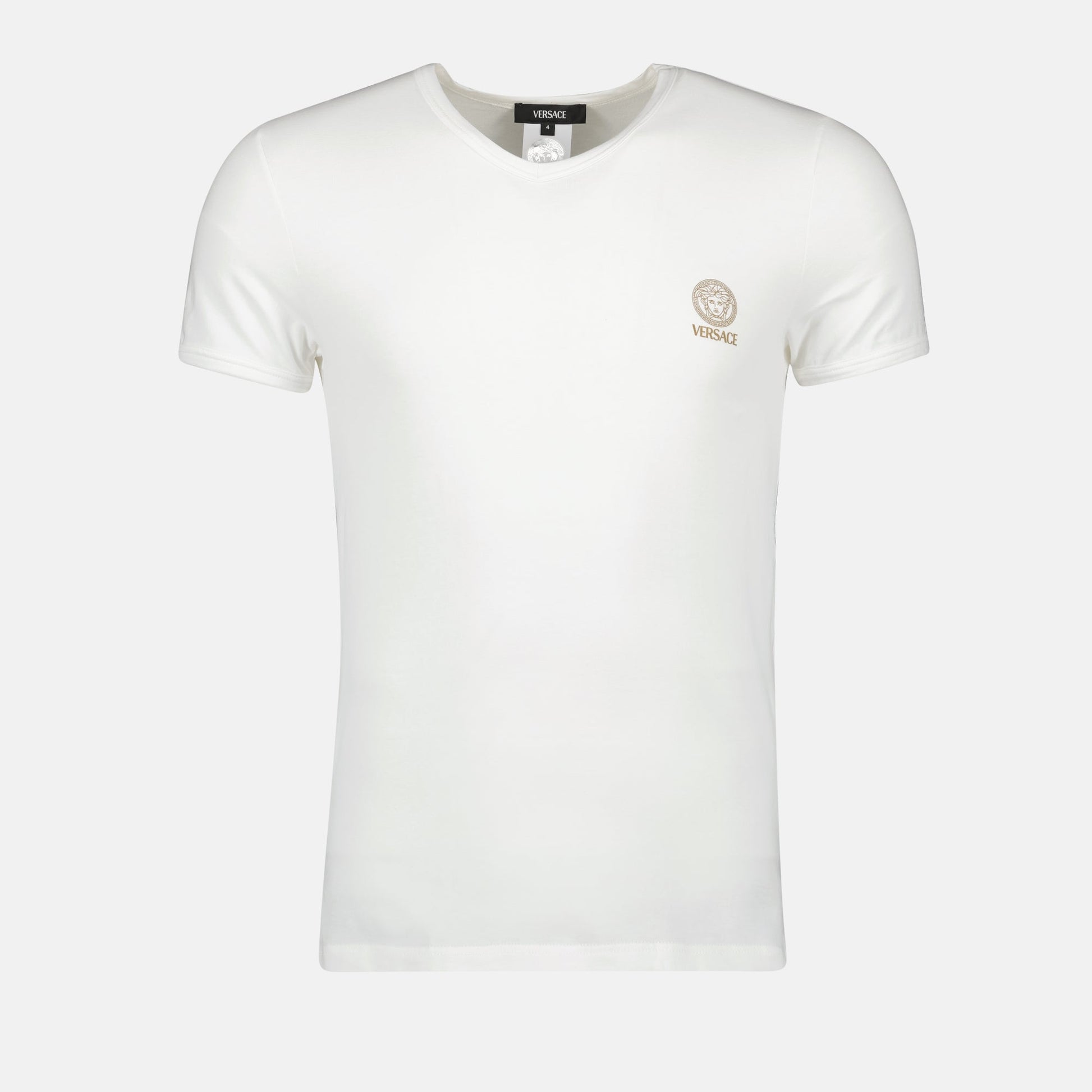 V-neck white tee, Versace tee, Medusa print, slim fit t-shirt, cotton elastane top