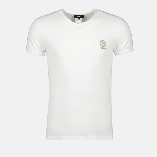 V-neck white tee, Versace tee, Medusa print, slim fit t-shirt, cotton elastane top