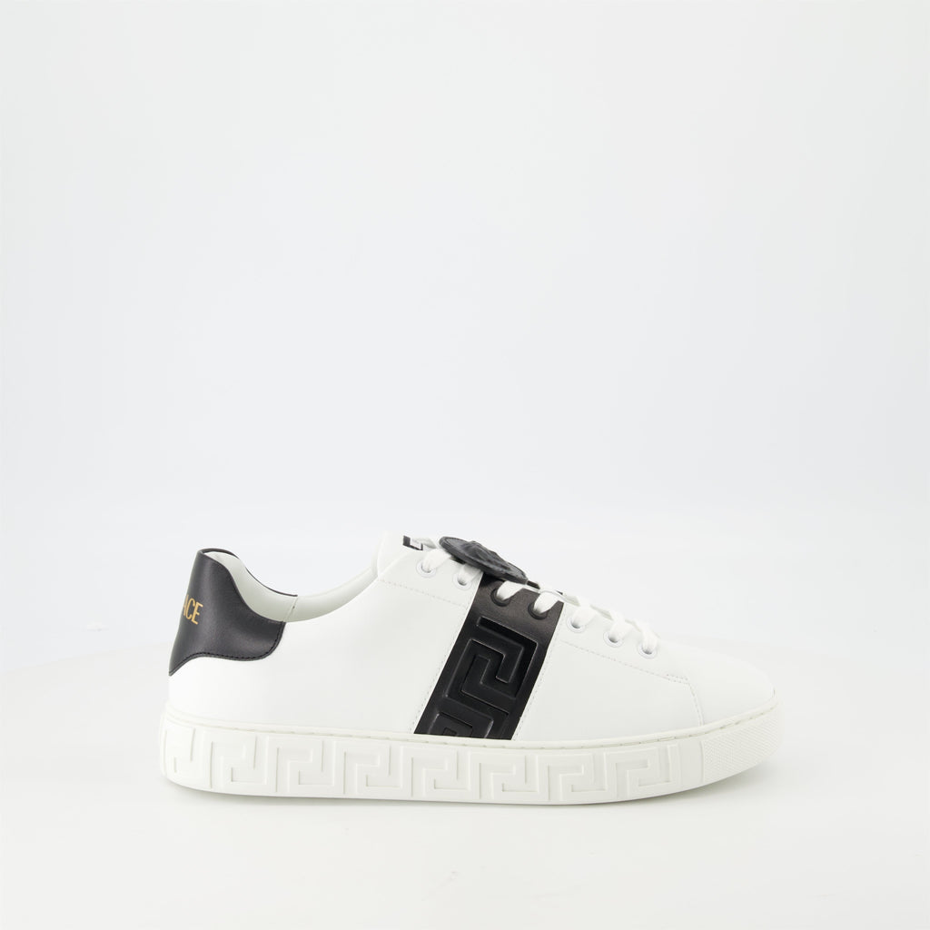 Versace sneakers, Greca design, black and white sneakers, smooth leather footwear, luxury casual shoes
