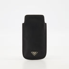 phone case, Saffiano leather, black leather case, metal logo, vintage accessory