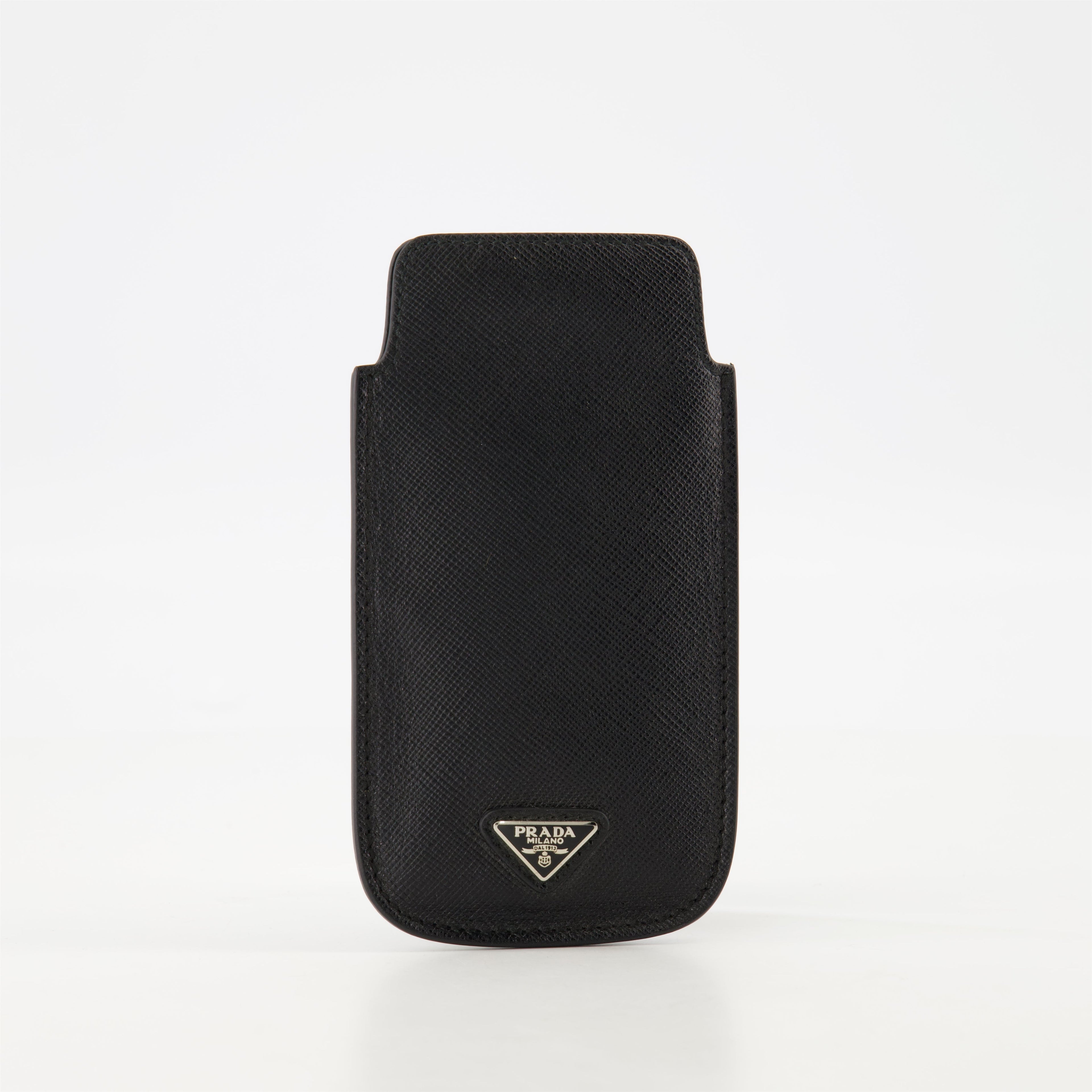 phone case, Saffiano leather, black leather case, metal logo, vintage accessory