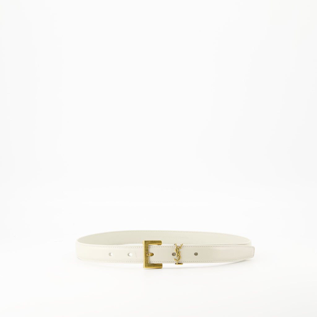 Cassandre white belt, luxury leather belt, Saint Laurent accessories, adjustable belt, refined fashion accessory