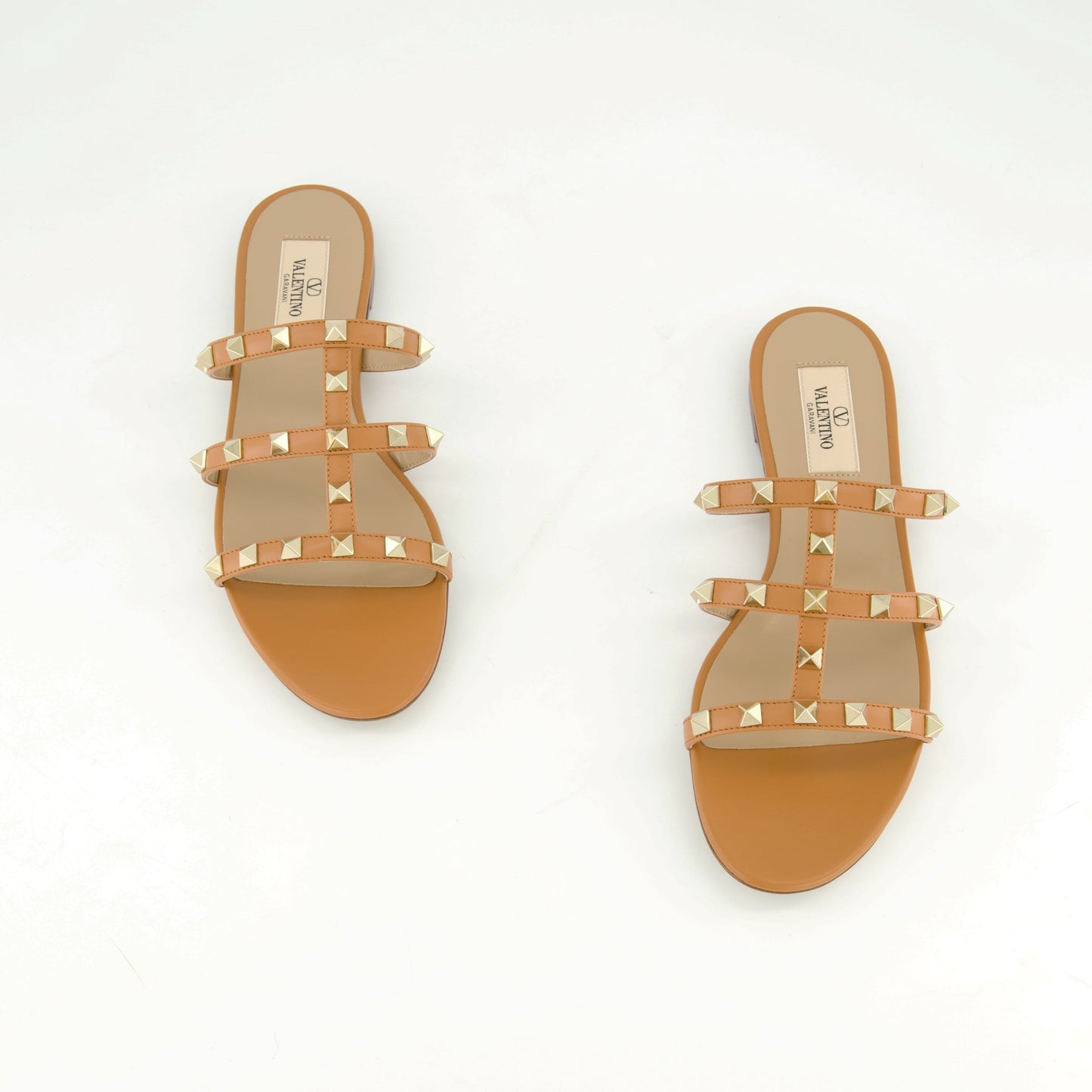 Valentino sandals, Camel leather sandals, Rockstud shoes, Platinum studded sandals, Open-toe leather footwear