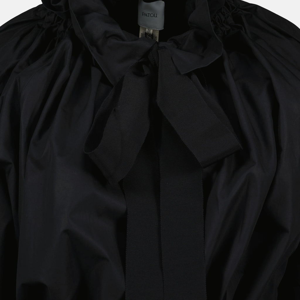 Patou blouse, black cotton blouse, puffed sleeve top, lavallière collar, sustainable fashion