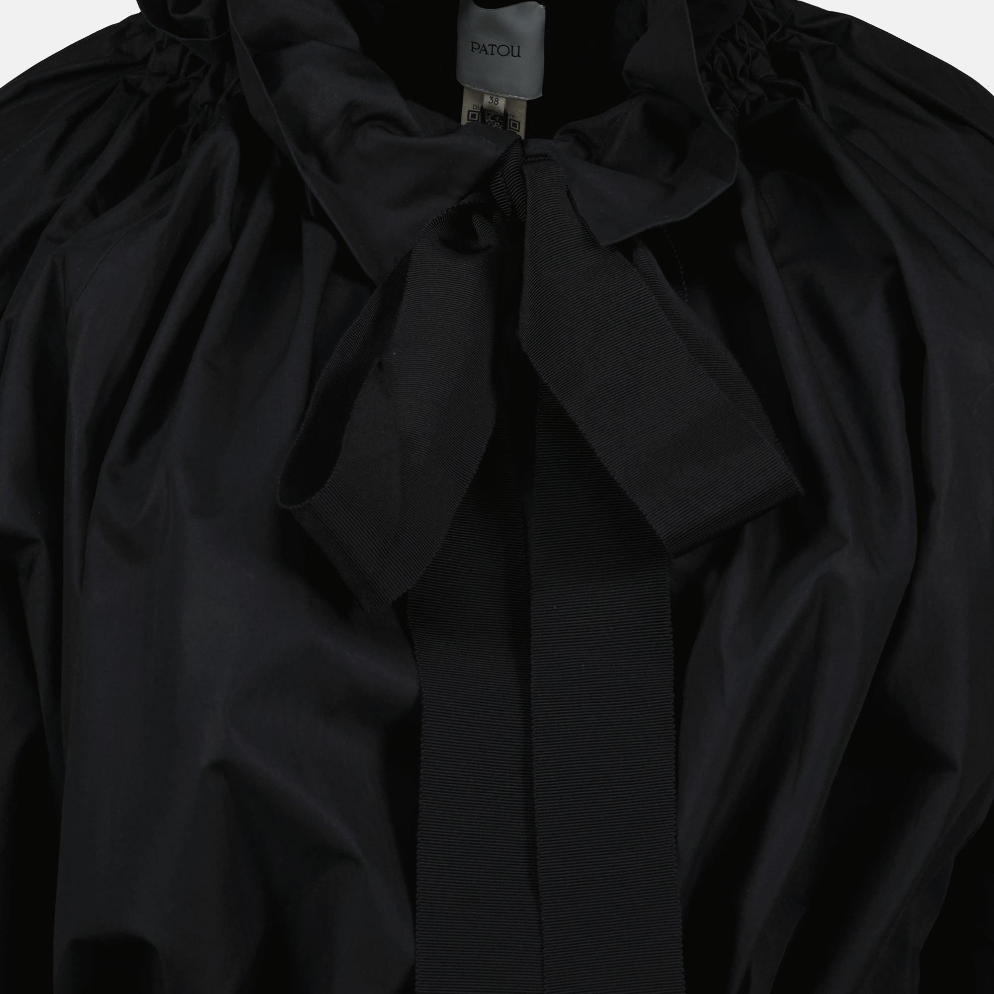 Patou blouse, black cotton blouse, puffed sleeve top, lavallière collar, sustainable fashion