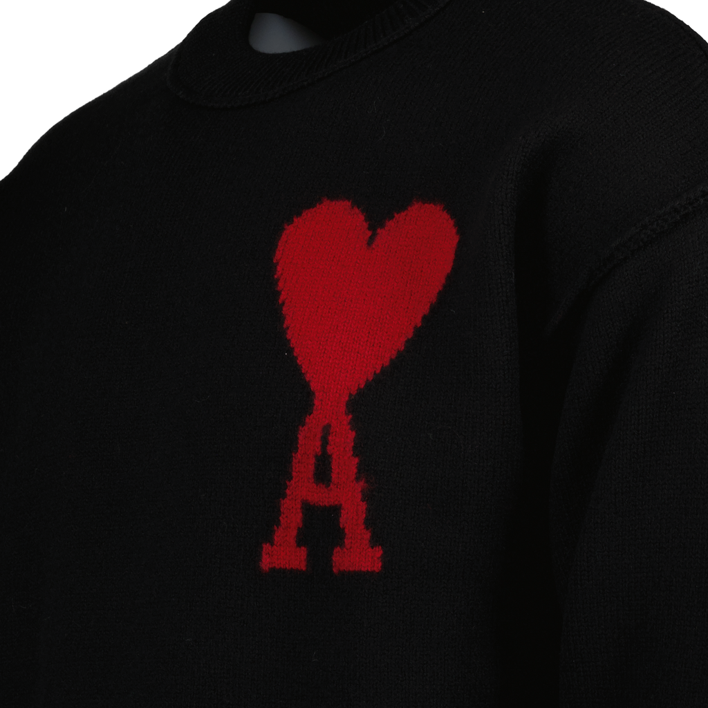 Oversize black pullover, Heart embroidery sweater, AMI Paris wool pullover, Autumn-Winter 2024 luxury, High-fashion knitwear