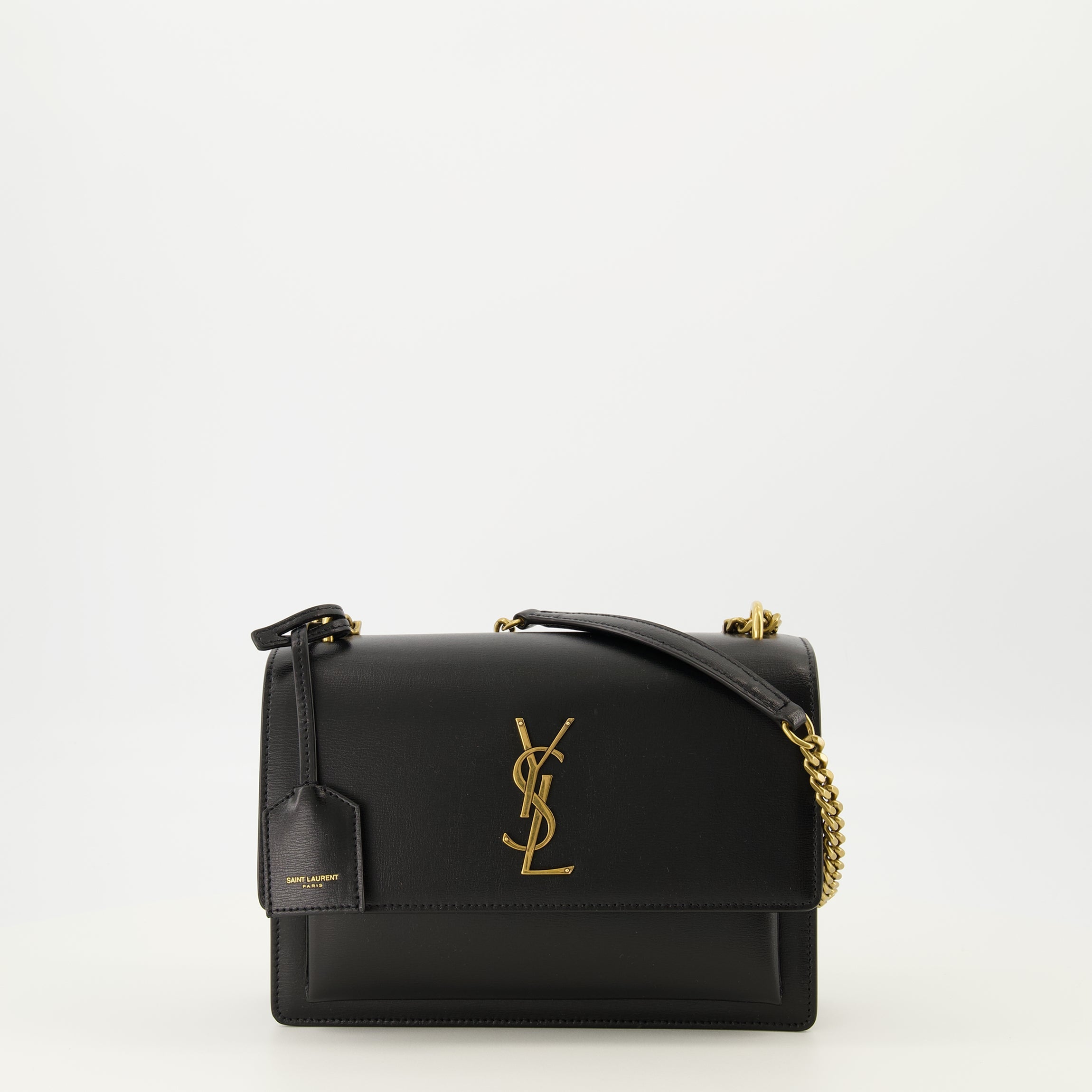 Saint Laurent bag, black leather bag, Sunset medium bag, chain strap bag, designer handbag