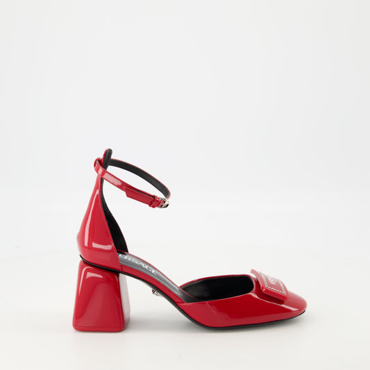 red patent leather pumps, Versace footwear, adjustable ankle strap, smooth leather shoes, Spring-Summer 2025 collection