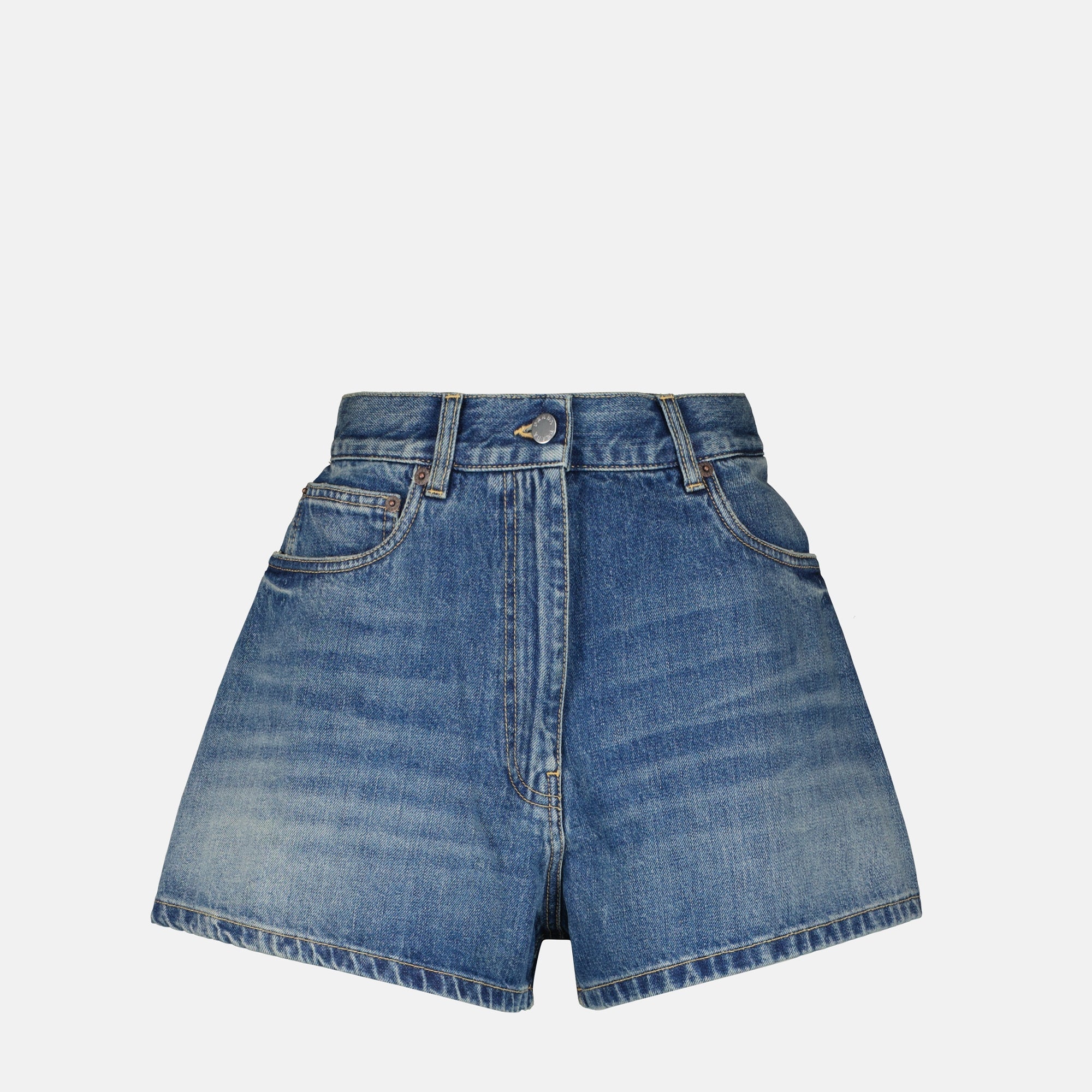 Prada denim shorts, high waist shorts, casual chic shorts, faded blue denim, Autumn-Winter 2025 collection