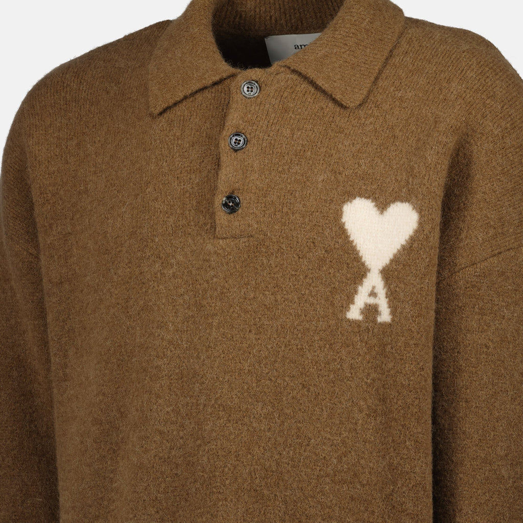 AMI Paris polo, brown alpaca polo, long sleeve polo, versatile sweater, unisex fashion piece