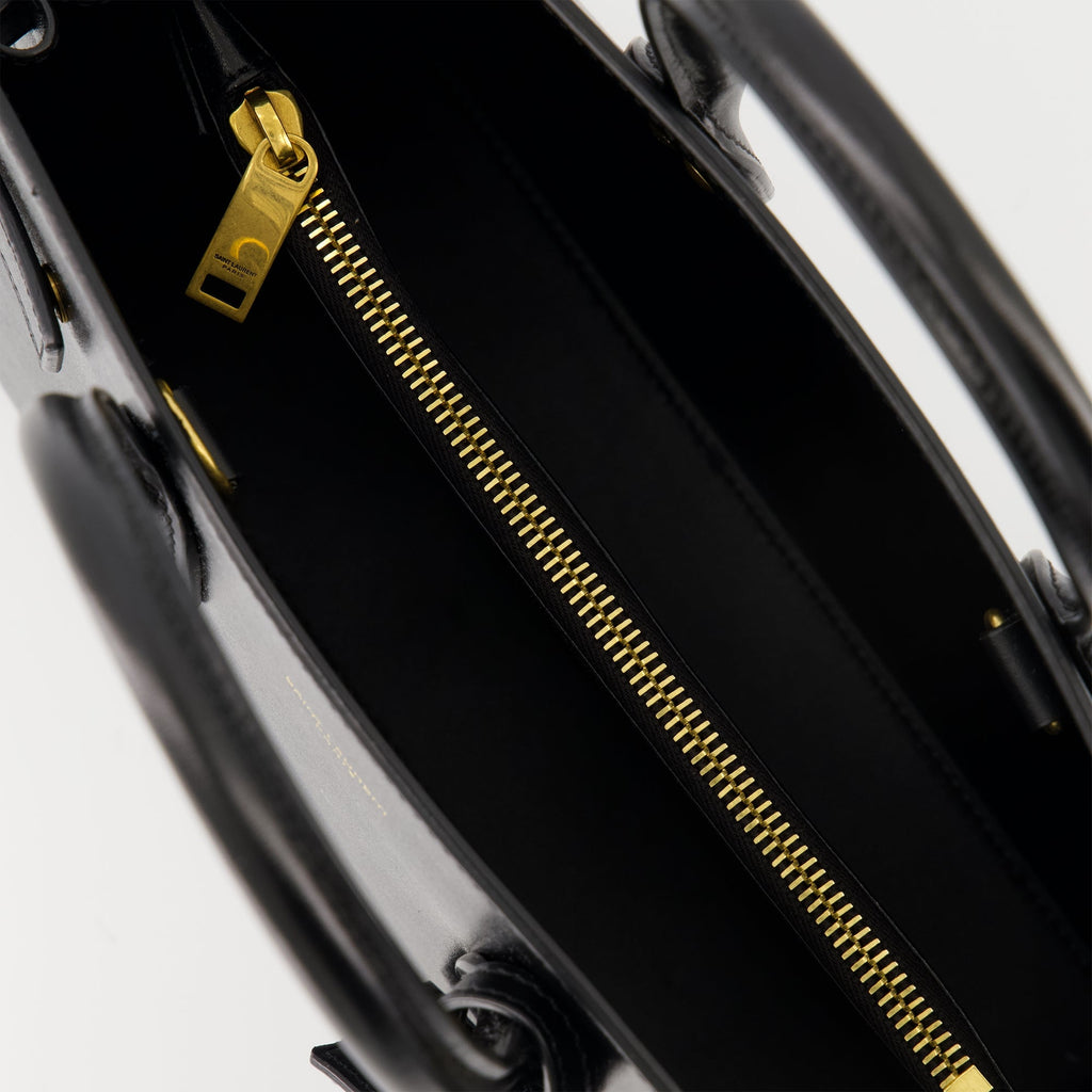 baby black day bag, Saint Laurent, smooth calf leather bag, elegant handbag, adjustable shoulder strap