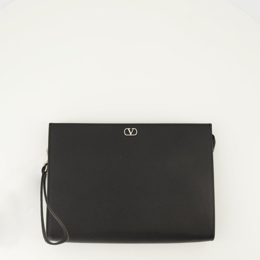 VLogo Pouch, Valentino accessory, textured leather pouch, black leather pouch, designer zip pouch
