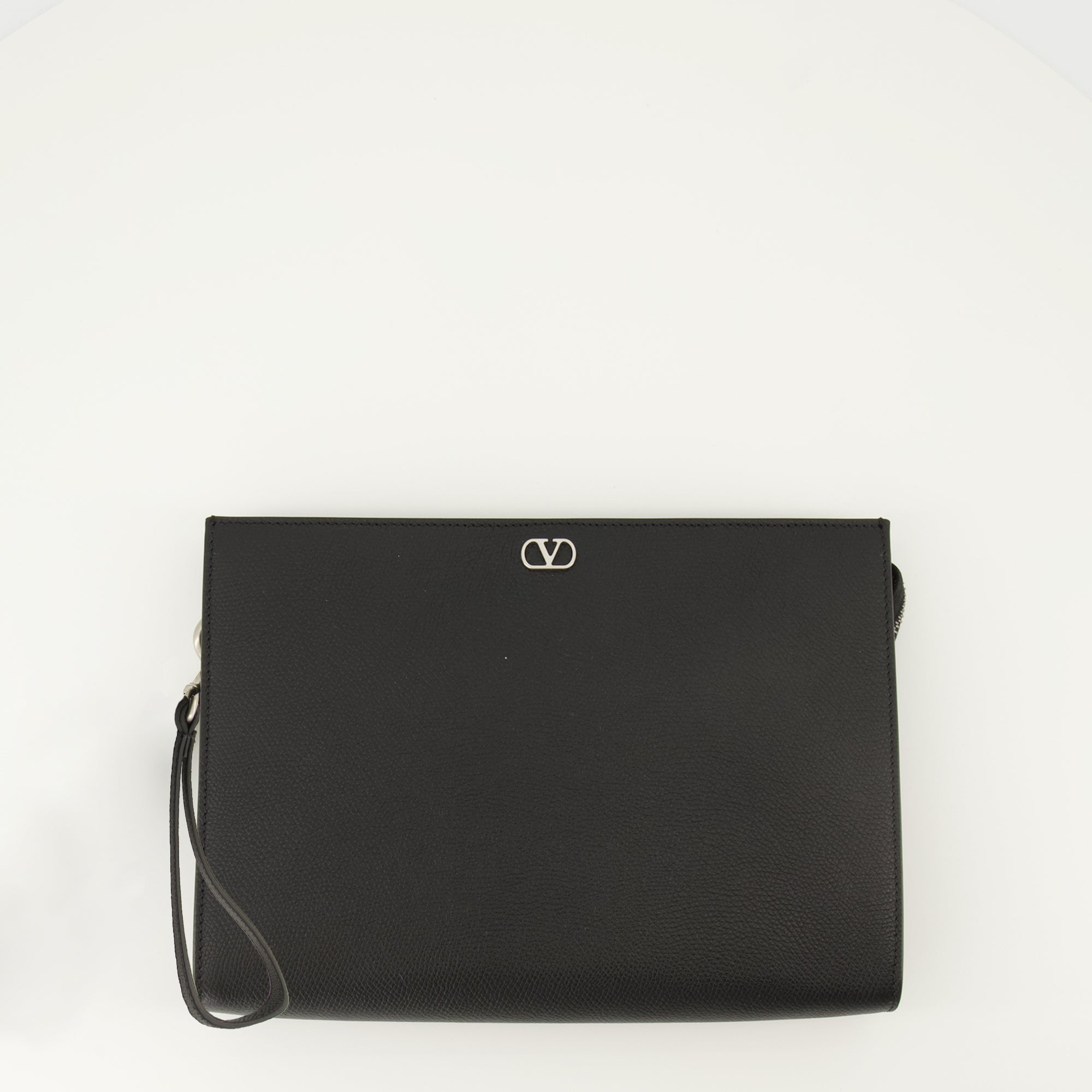 VLogo Pouch, Valentino accessory, textured leather pouch, black leather pouch, designer zip pouch