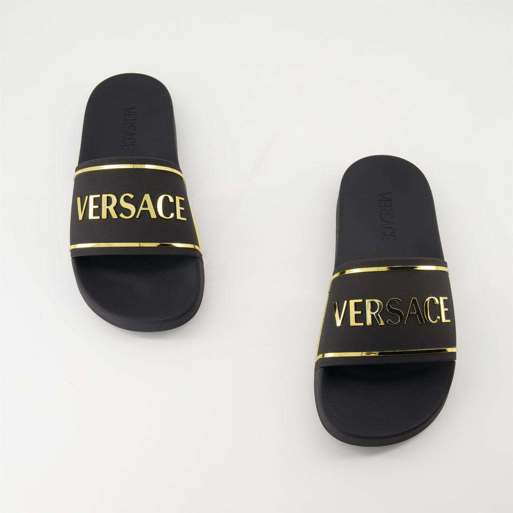 slide sandals, golden logo sandals, comfortable sandals, summer footwear, casual summer style