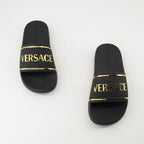 slide sandals, golden logo sandals, comfortable sandals, summer footwear, casual summer style