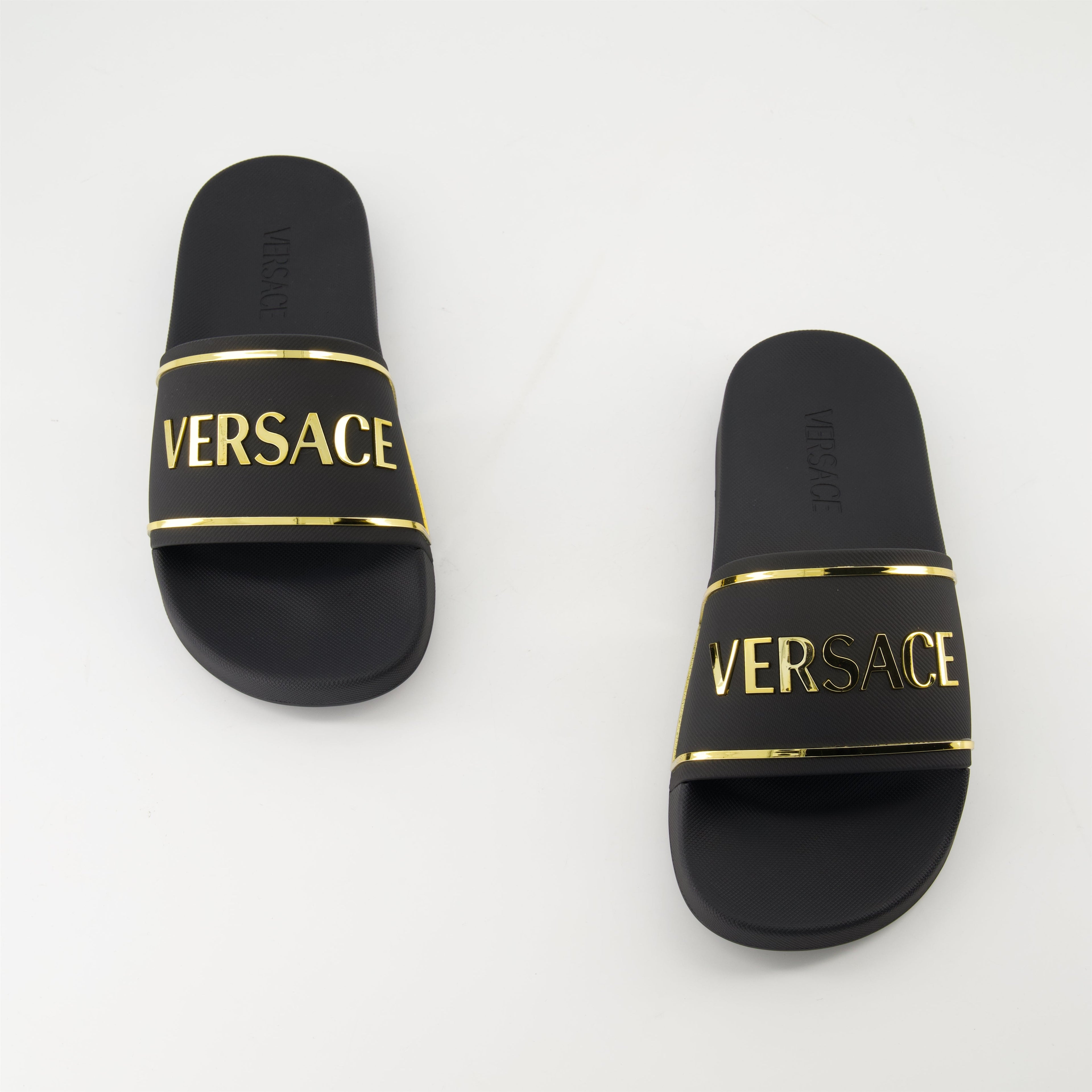 slide sandals, golden logo sandals, comfortable sandals, summer footwear, casual summer style