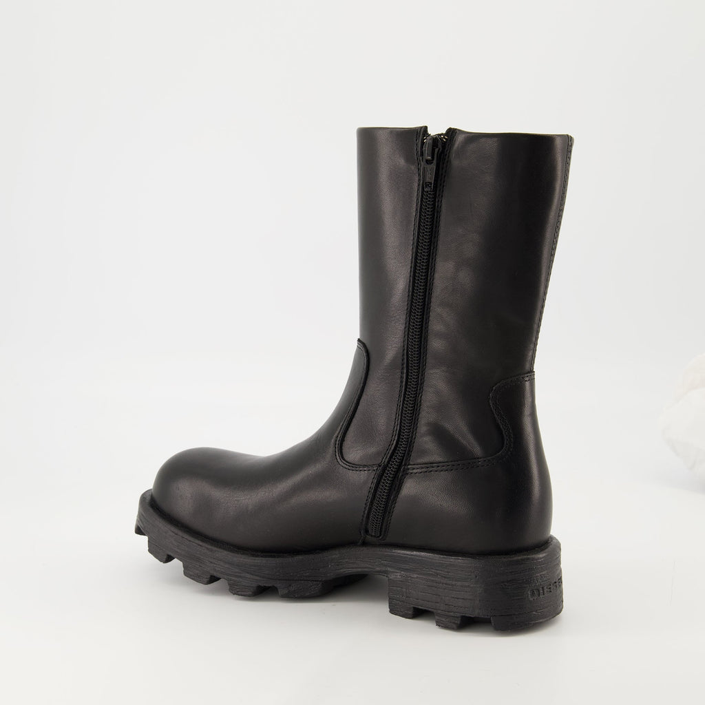 Diesel boots, black leather boots, D-Hammer BKR D W, women's footwear, autumn-winter collection