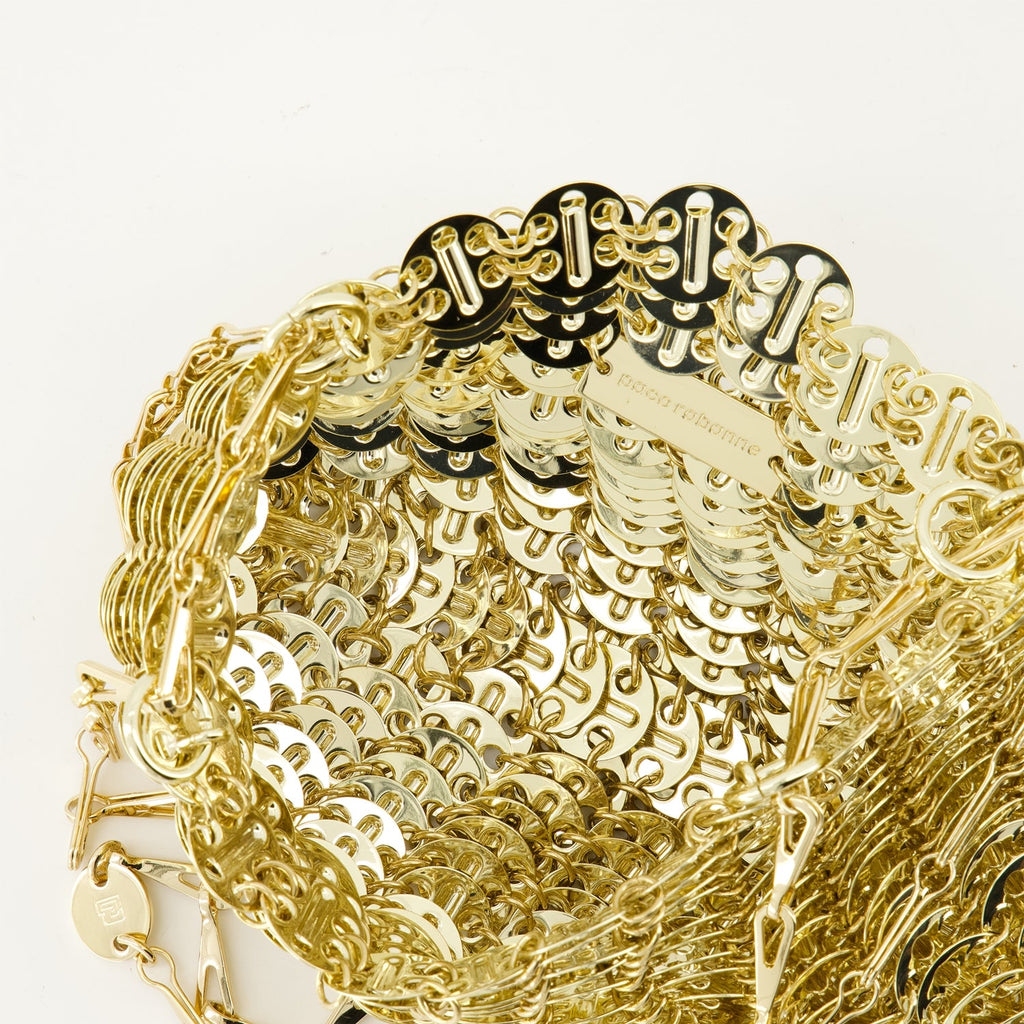 Iconic 1969 bag, metallic bag, Rabanne bag, silver-tone disc bag, high-end fashion