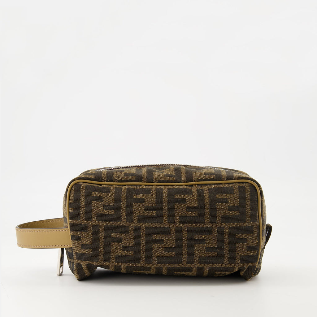 Fendi toiletry bag, jacquard bag, men's accessories, brown leather bag, travel essentials