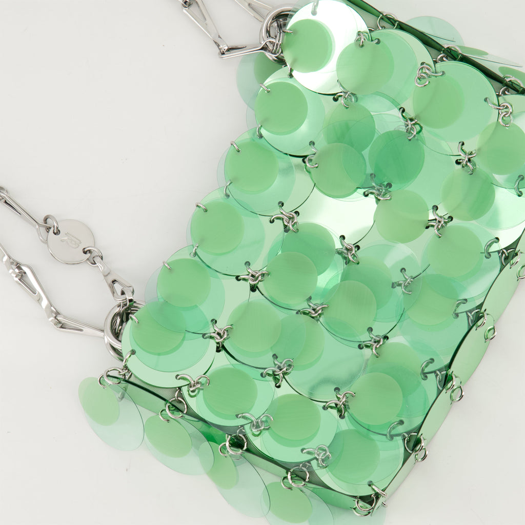 Sparkle handbag, Rabanne accessories, green and silver bag, chain shoulder bag, designer handbags