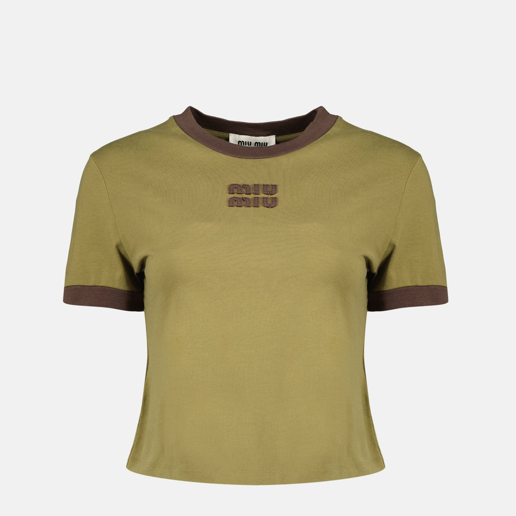 Immagine della T-shirt in cotone kaki di Miu Miu per donne - Stagione Primavera-Estate 2026 - Vista Frontale
