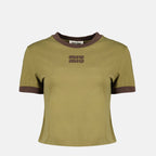 Immagine della T-shirt in cotone kaki di Miu Miu per donne - Stagione Primavera-Estate 2026 - Vista Frontale