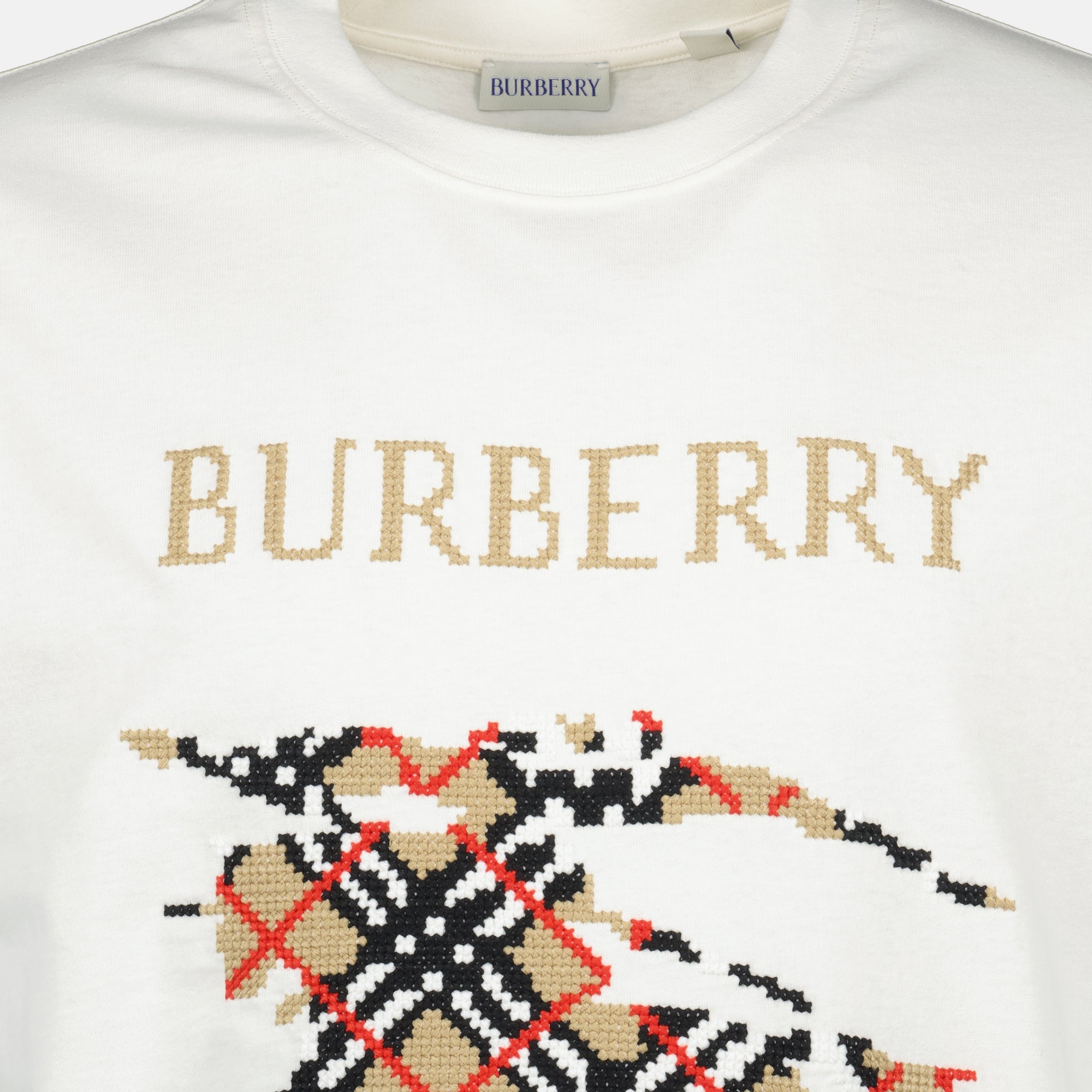 Burberry T-shirt, embroidered T-shirt, white cotton T-shirt, Equestrian Knight Design, casual luxury wear