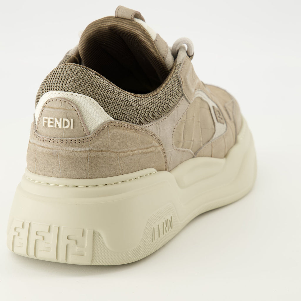 Fendi sneakers, calfskin shoes, grey athletic footwear, luxury sneakers, crocodile effect