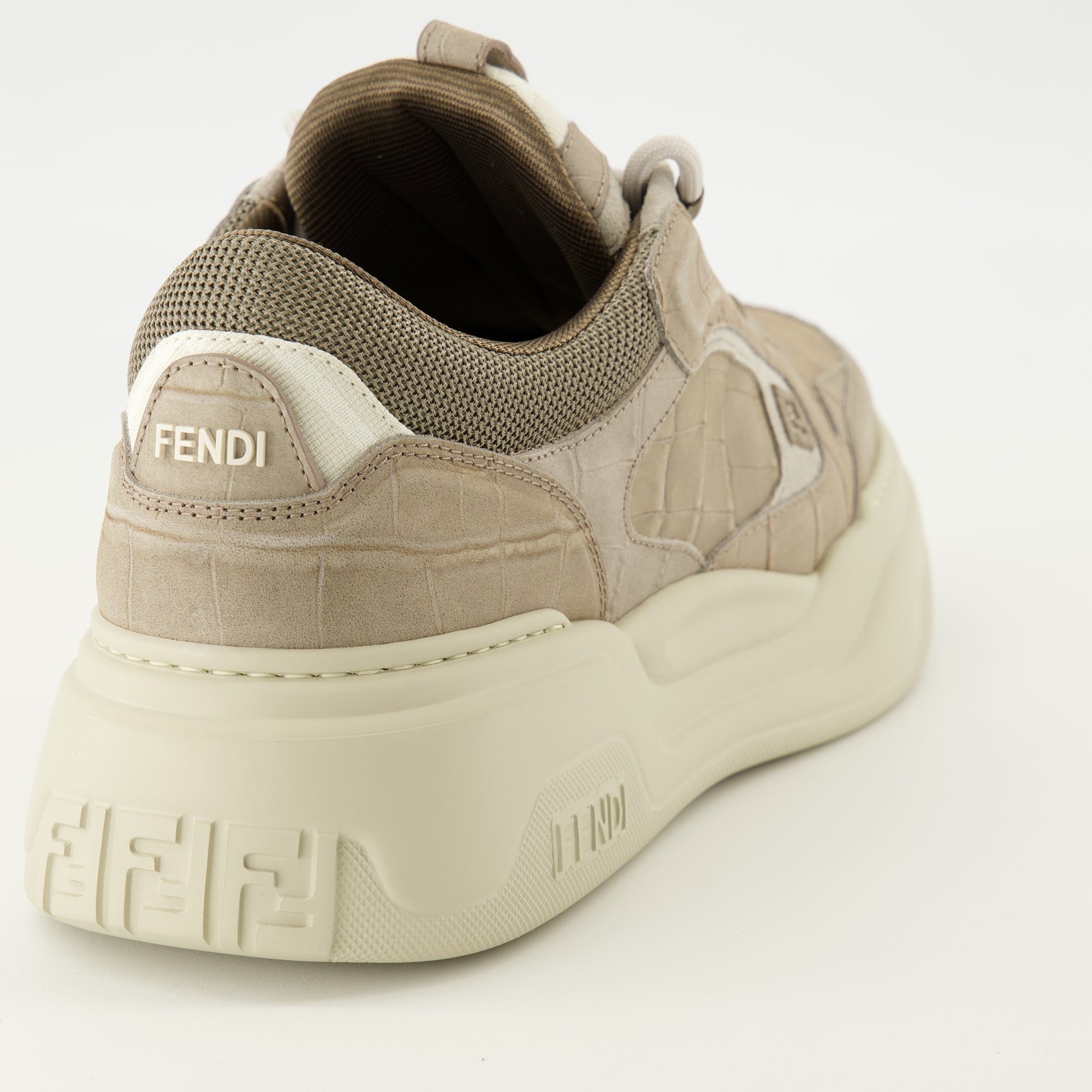 Fendi sneakers, calfskin shoes, grey athletic footwear, luxury sneakers, crocodile effect