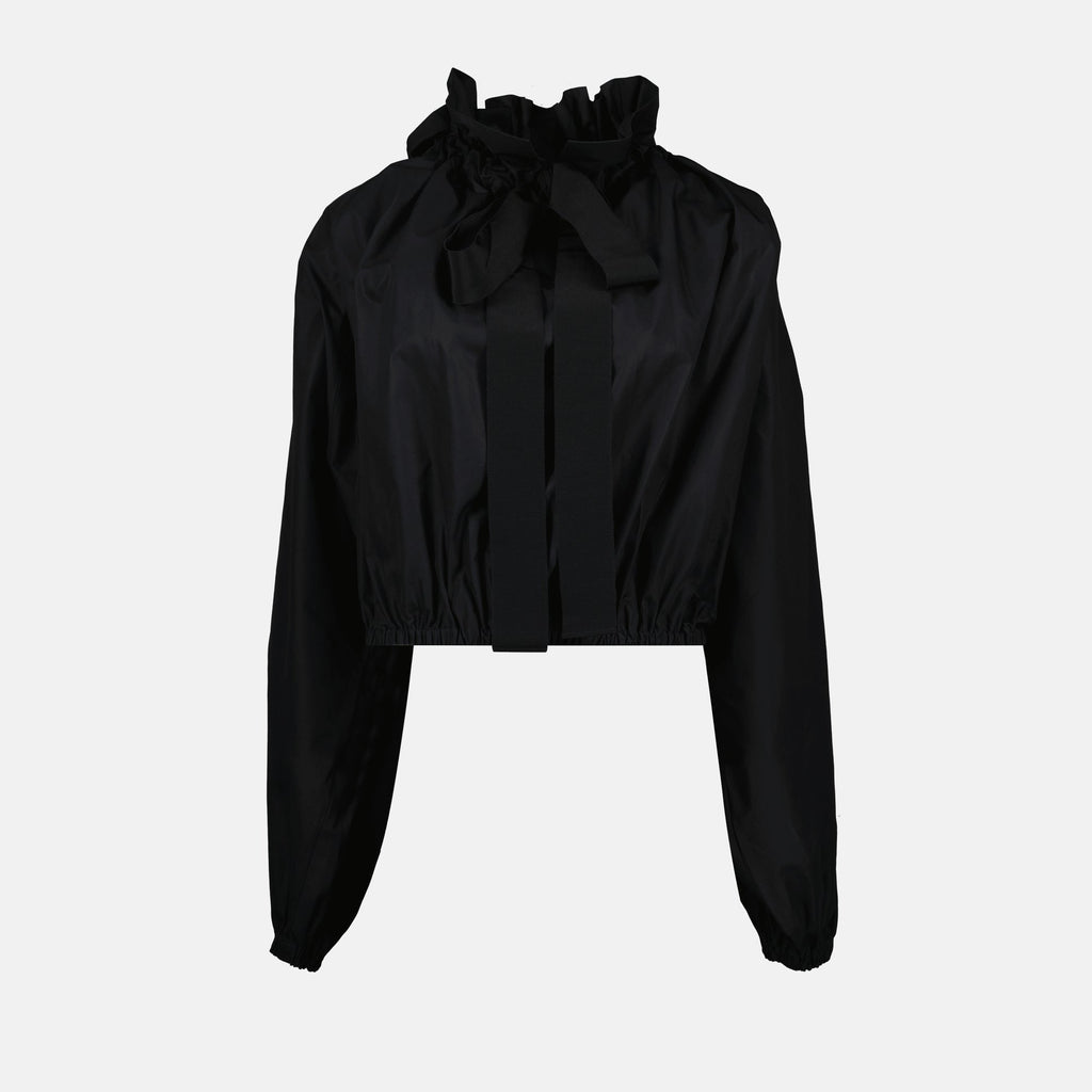 Patou blouse, black cotton blouse, puffed sleeve top, lavallière collar, sustainable fashion